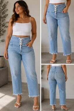 Express Size 16S Corset Waist Lace Up Cropped Jeans Light Wash Raw Hem